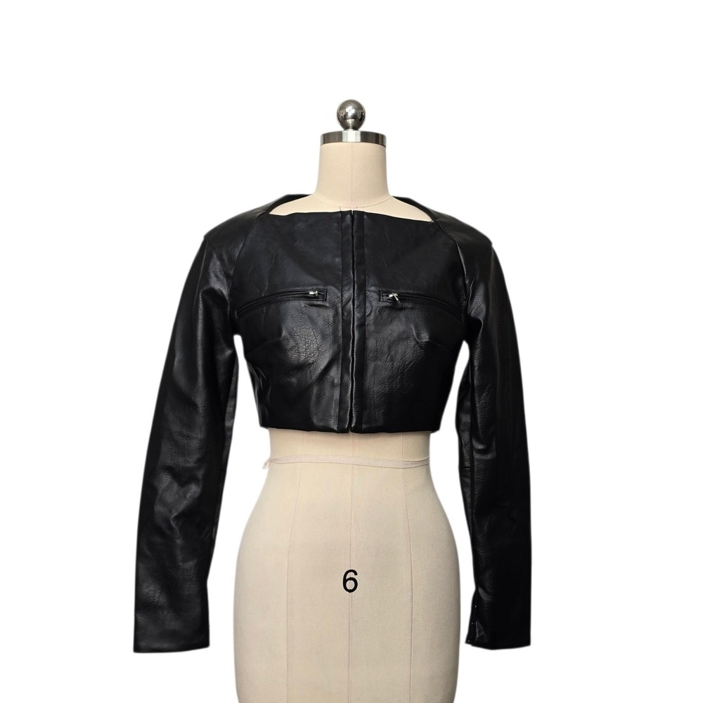 House of CB Ione Black Vegan Leather Cropped Jacket Square Neck Size Small New